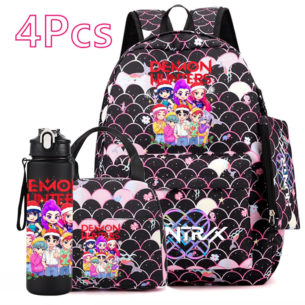 4Pcs/set Christmas Kpop Printed Backpack with Handbag Pencil Case 750Ml Water Bottler for Teenager Boy Girl Large Capacity Bookbag Schoolbag Kid Gift
