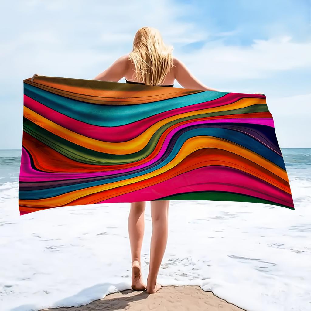 Vibrant Colorful Striped Beach Towel, Modern Artistic Design Quick-Dry Sand-Free Microfiber Bath Towel for Travel and Festival