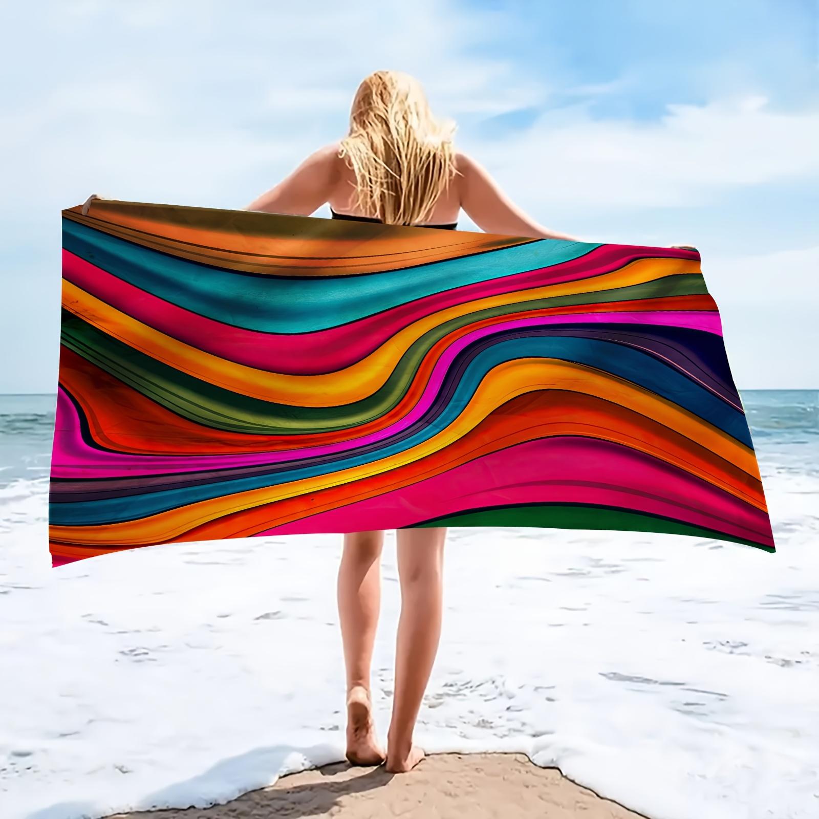 Lampada White Vibrant Colorful Striped Beach Towel, Modern Artistic Design Quick-Dry Sand-Free Microfiber Bath Towel For Travel And Festival