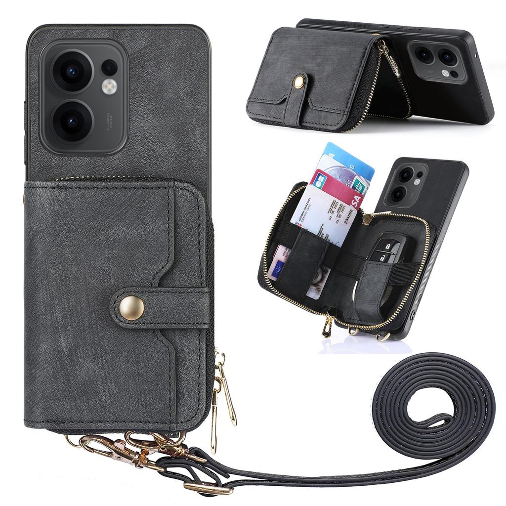 For Oppo Reno13 F 5G PU Leather Phone Back Cover with Zipper Card Holder and Long Strap