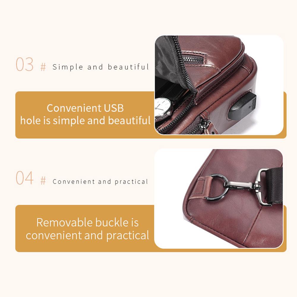 Ekte skinn slyngeveske for menn Retro skulderveske Brystveske med flere lommer med USB-ladeport