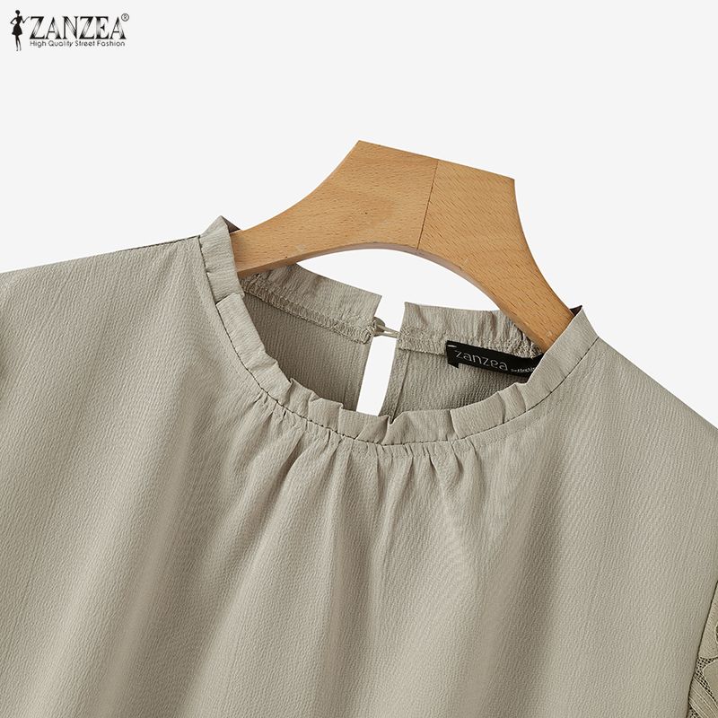 ZANZEA Women Casual Round Neck Loose Splice Short Sleeve Blouse