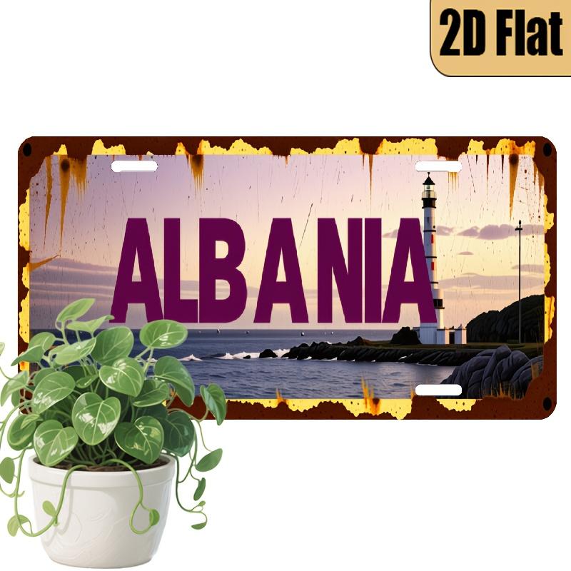 

D Flat Printing Vintage Distressed ALBANIA with Coastal Lighthouse Sunset Seascape Illustration Aluminum Tin Painting Lice 15x30cm(5.9x7.8inch)