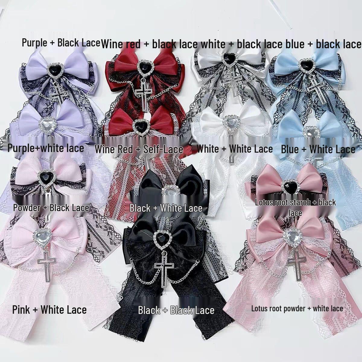 

Gothic Cross Multi-Color Hair Bow Accessory Pink+Black Lace [Brooch Clip]