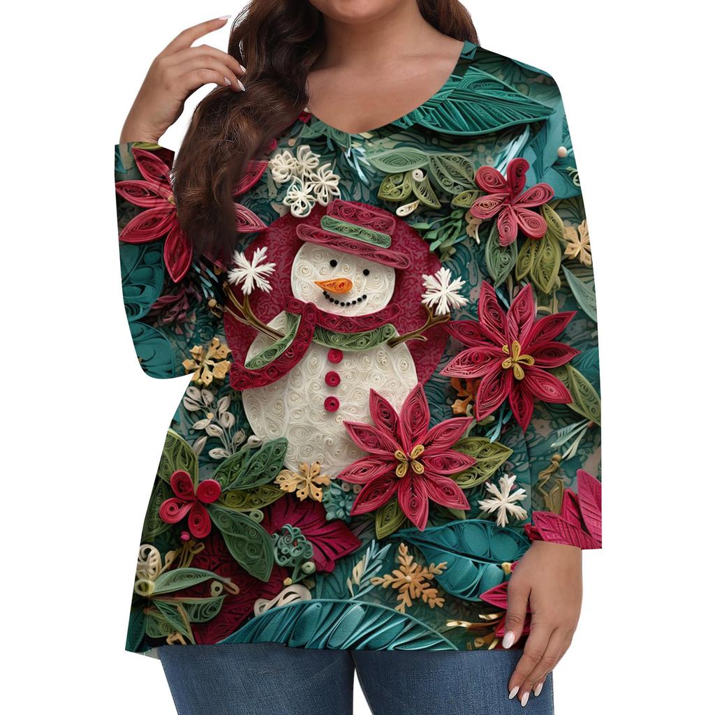 Women's Fashionable Casual Long Sleeved Plus Size Print Top Plus Size Floral Print Top