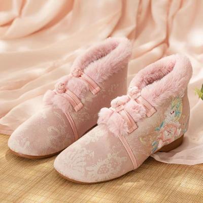Damen Ethno-Stil Hohe Stiefel Niedriger Absatz Bestickte Baumwollstiefel Weiche Sohle Knotenknopf Plüsch Warm Knöchel Schneestiefel Hanfu Schuhe