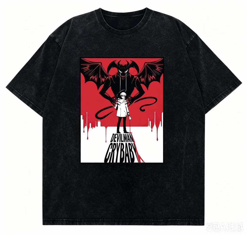 2026 Devilman Crybaby Akira & Ryo Vintage Washed Printed Loose Pure Cotton Short Sleeve T-shirt, Unisex Fan T-shirt