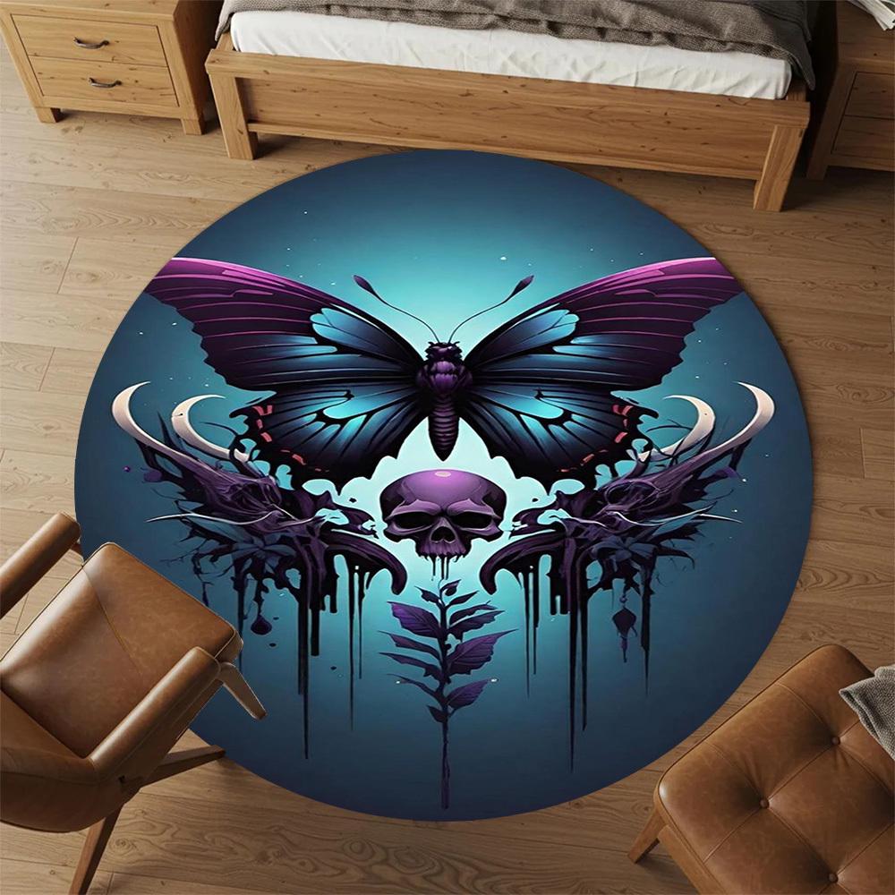 1PC Butterfly Skull Gothic Round Chair Mat Area Rug - Non-Slip, Floor Mat for Office, Bedroom, Home Decor Christmas Gift C0528060