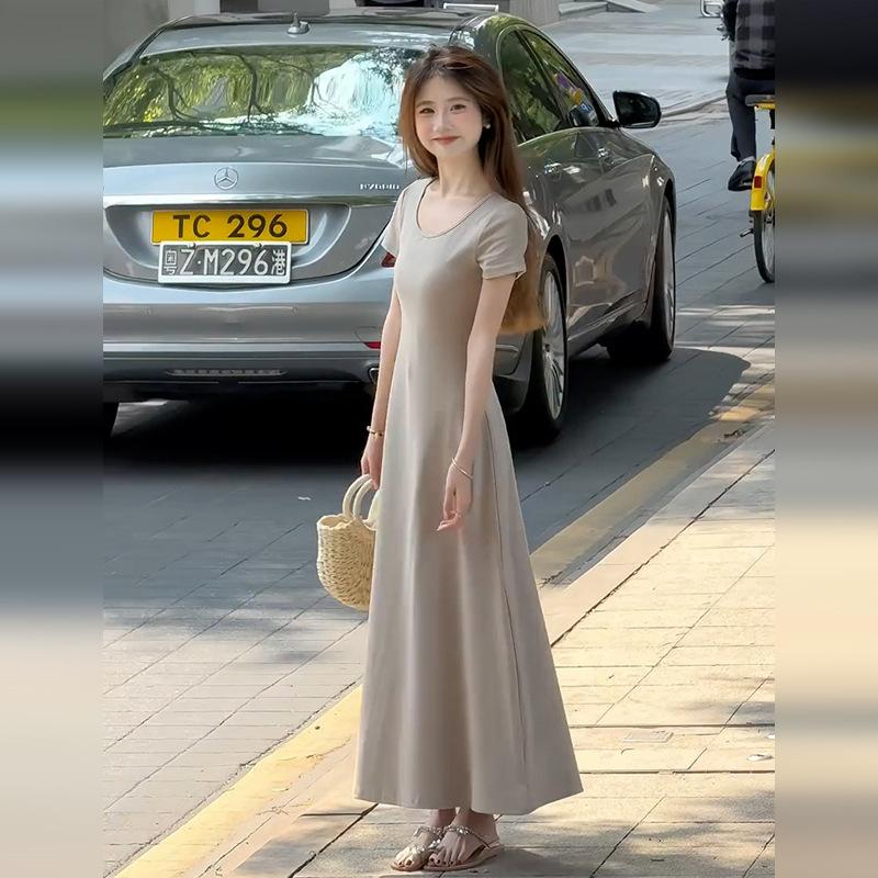 Solid Color Slim-fitting Short-sleeved T-shirt Dress for Children's Summer New Small Temperament Waist and Thin Dress