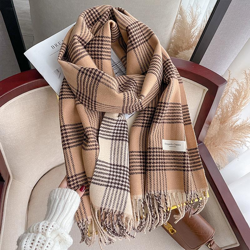 

Клетчатый шарф женский осенне-зимний утолщенный теплый универсальный шарф двусторонний платок вязаный высококлассный для пары