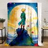A figure stands on a rock, surrounded by roses and planets in vibrant hues. for all seasons blanket lunch break throw gift