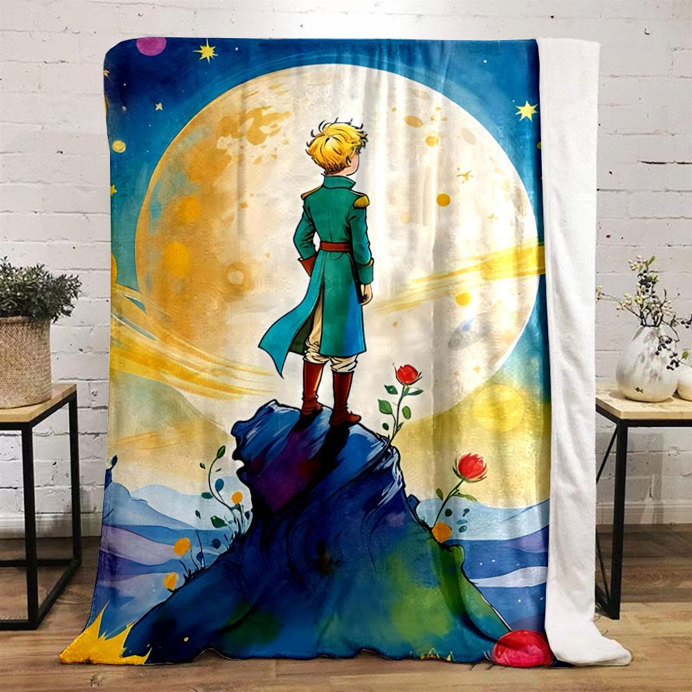 A figure stands on a rock, surrounded by roses and planets in vibrant hues. for all seasons blanket lunch break throw gift