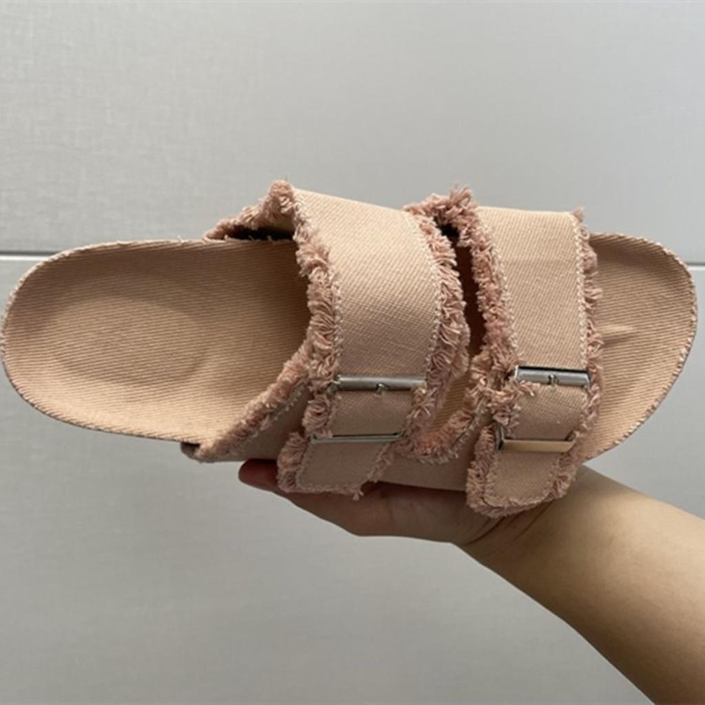 Fringed Slippers, Women's, Outerwear, Soft Belt Buckle, Canvas Shoes, Breathable Flip-flops