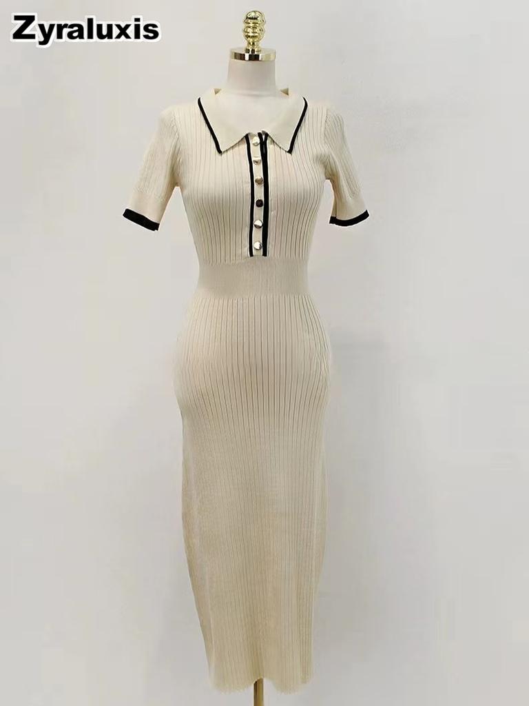 Korean Chic Retro Polka Dot Elastic Slim Fit High-Waisted Knit Bodycon Dress