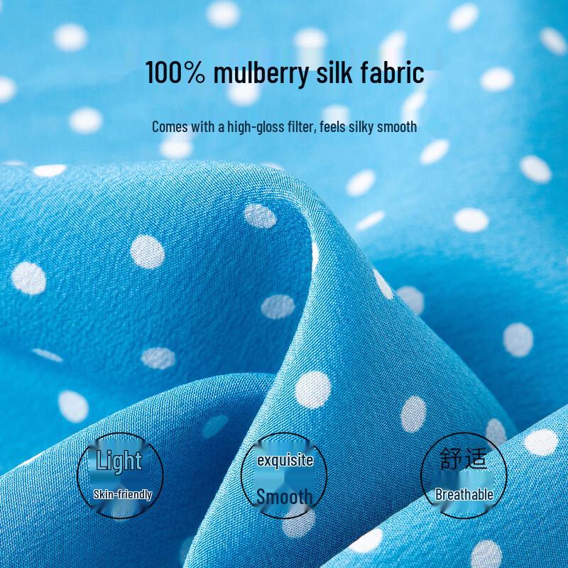 TUHUANG Mulberry Silk French Polka Dot Puff Sleeve Midi Dress