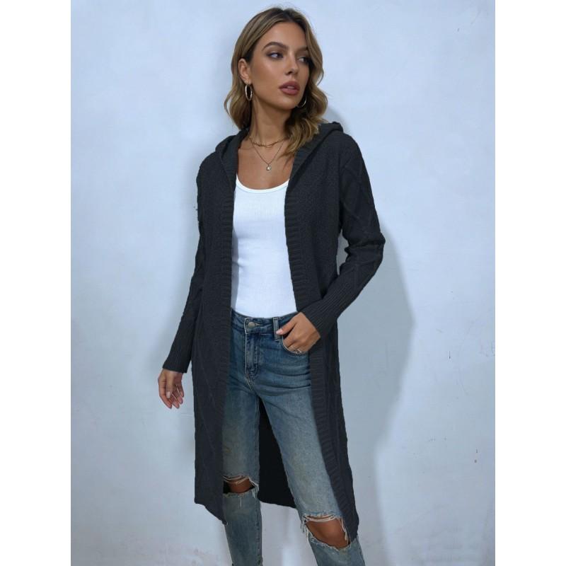 Womens Oversized Crochet Cable Knit Hooded Cardigan Long Sleeve Loose Fit Sweater In Solid Colors