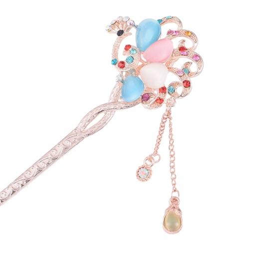 Women Hair Stick Chinese Style Vintage Colorful Rhinestone Flower Decor Tassel Hollow Out Exquisite Stainless Alloy Lightweight Hair Fork Hanfu
