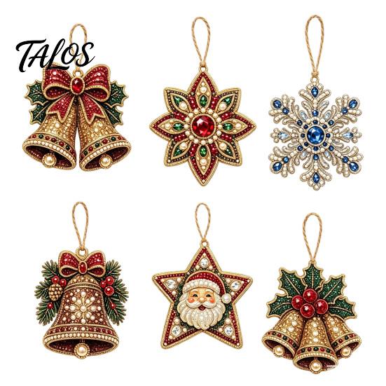 Festive Resin Rhinestone Ornaments 6 Pcs Christmas DIY Faux Pearl Painting Kit Ornaments, Art Seasonal Hanging Decor Tree Decoration with Jute