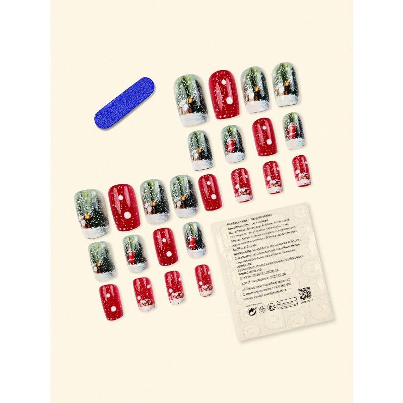 Christmas Red Nails Press on Short Nails Y2k Nails Square Geometry Stripe Ghristmas Tree Snowflakes Santa Claus Flame House Cartoon Cute Pattern