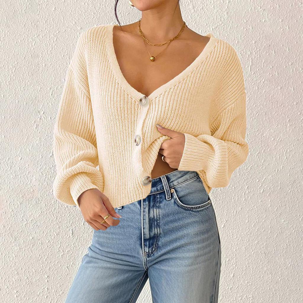 Women's Solid Color Button-Up Cardigan Deep V-Neck Short Loose-Fitting Jacket Casual Top