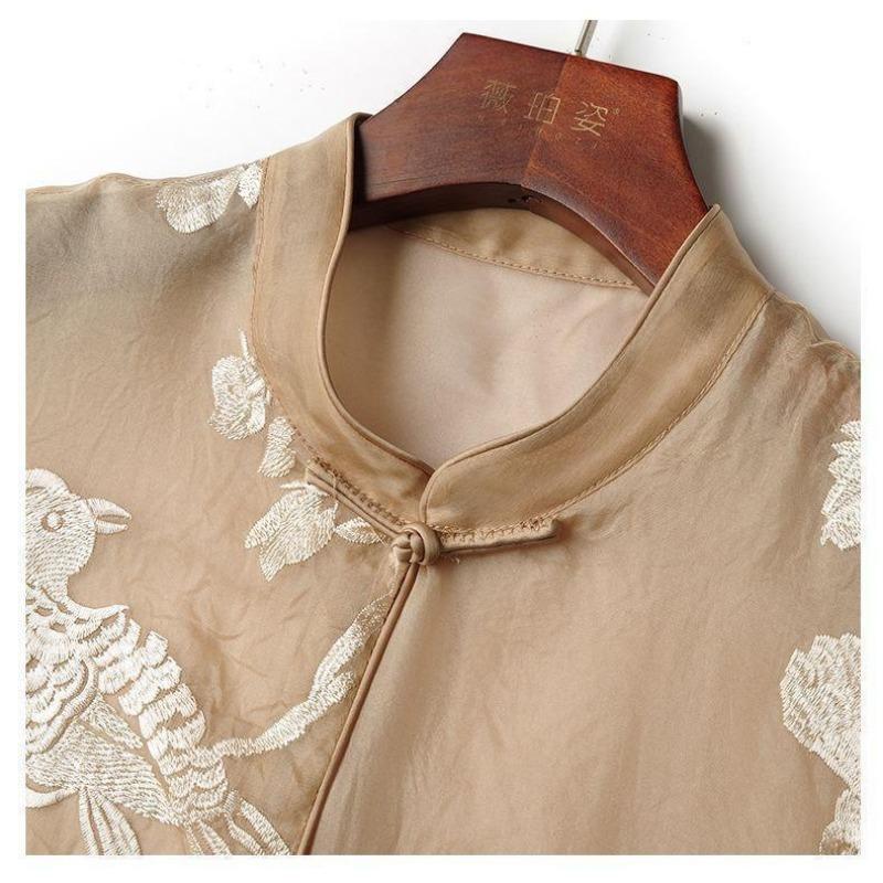 Women Bird And Floral Embroidered Mandarin Collar Frog Button Double Layer Organza Vest