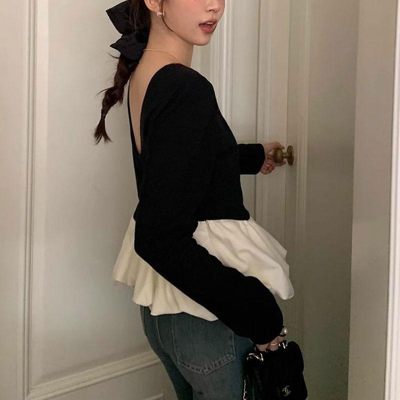 O-Neck Elegant Backless Blouse Women's Contrasting Colors Spliced Ruffles Spring Autumn Long Sleeve Waist Shirt
