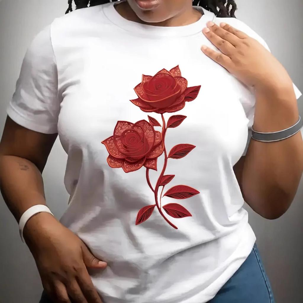 Dámské ležérní letní tričko s jednoduchým a personalizovaným 3D potiskem růží, s kulatým výstřihem a krátkým rukávem