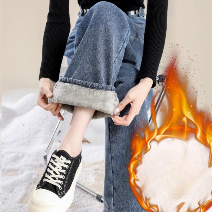 Light Color Plus Velvet Thickened Straight Jeans for Women In Winter New Retro High Waist Loose Flesh Covering and Wide-leg Pants