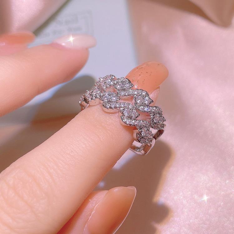 Trendy Girl Sexy Micro-Set Sparkling Diamond Ring, High-End Light Luxury Double-Layer Pattern Wedding Ring