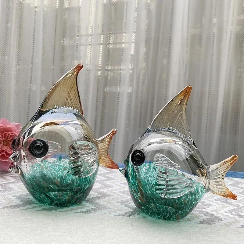 Glass Gradient Colorful Fish Statue Crystal Fish Figurine Sculpture Room Fish Tank Aesthetic Ornament Home Desk Decor