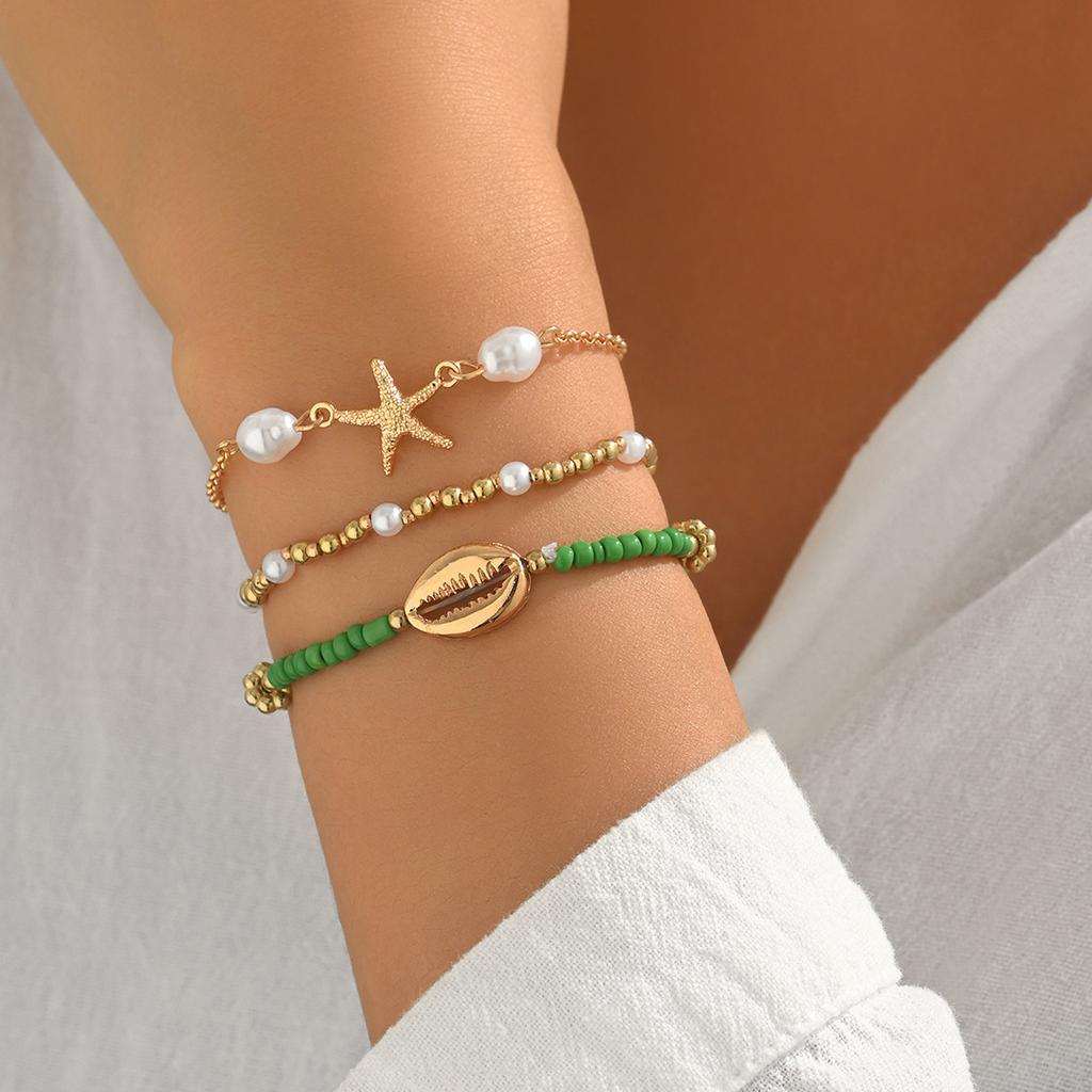 European and American Women's Bracelet, Fashionable Ocean Style Beaded Design Shell Starfish Bracelet Set, Versatile Jewelry.