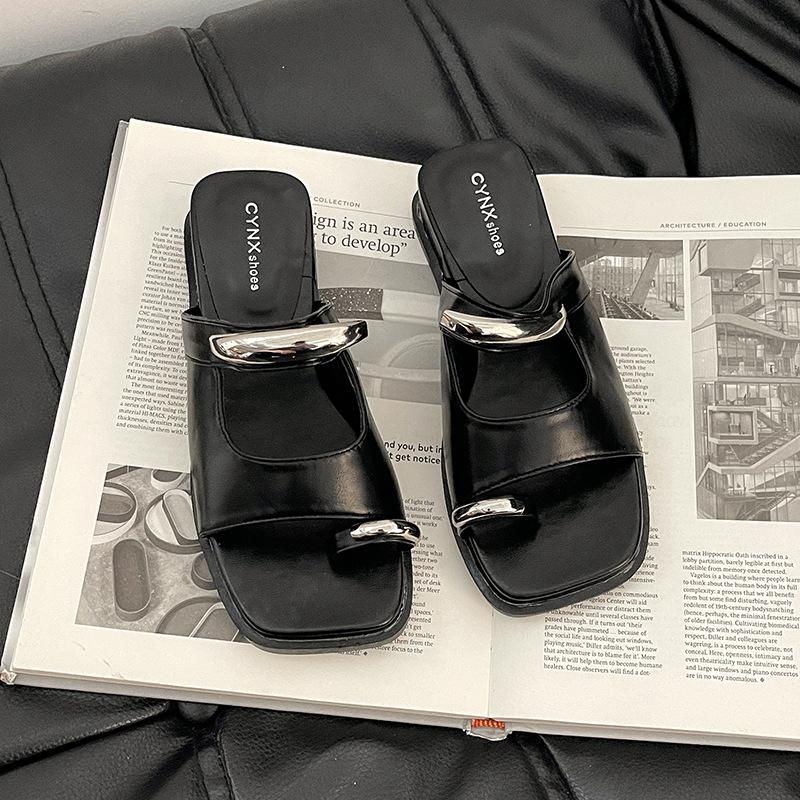 

French new one-word texture wedge slippers temperament cool slippers summer casual trend versatile women s flats 35 чёрный