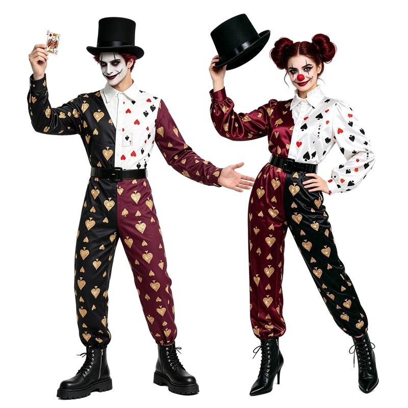 Tuta Costume Halloween Circo Stampa Carte da Gioco con Cintura per Spettacolo Teatrale