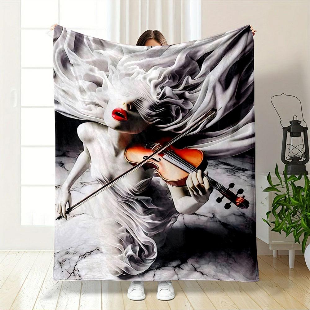 Flowing white fabric, vibrant violin, and bold red lips on marble. for all seasons blanket lunch break throw gift