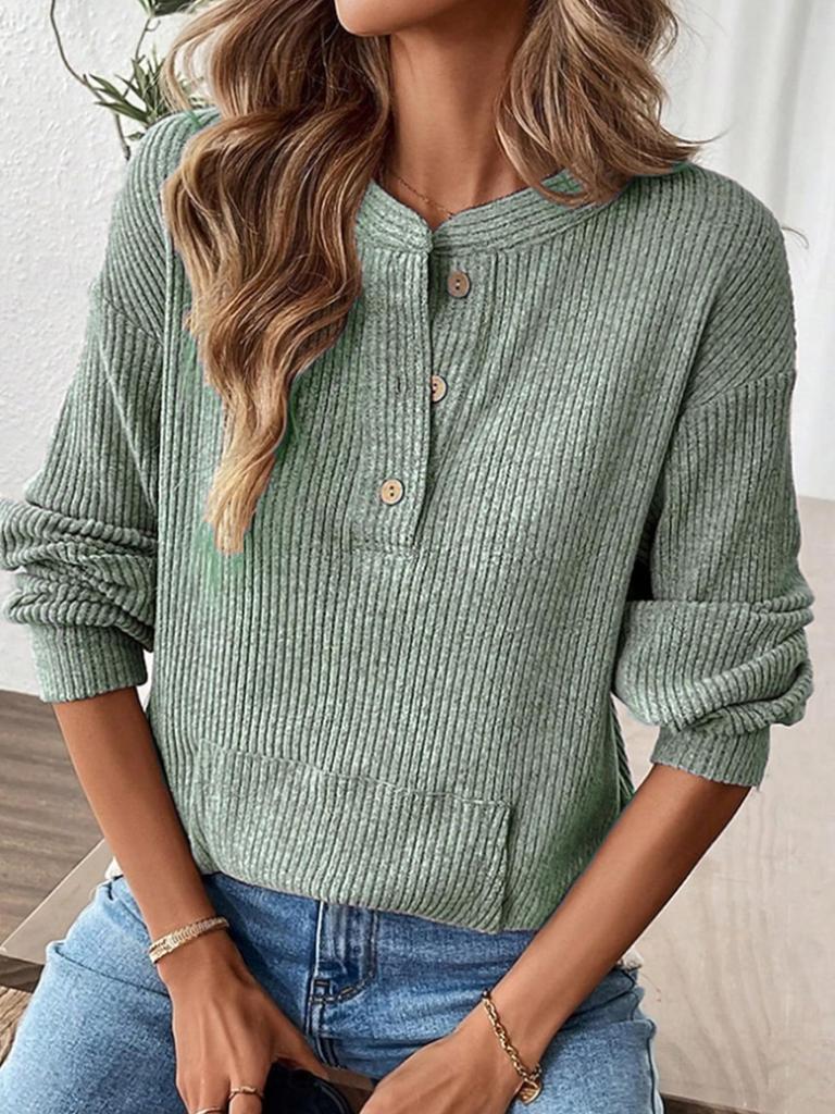 2025 Autumn/Winter Women's Solid Color Fashion Button Loose Long Sleeve T-shirt Top – European and American Style