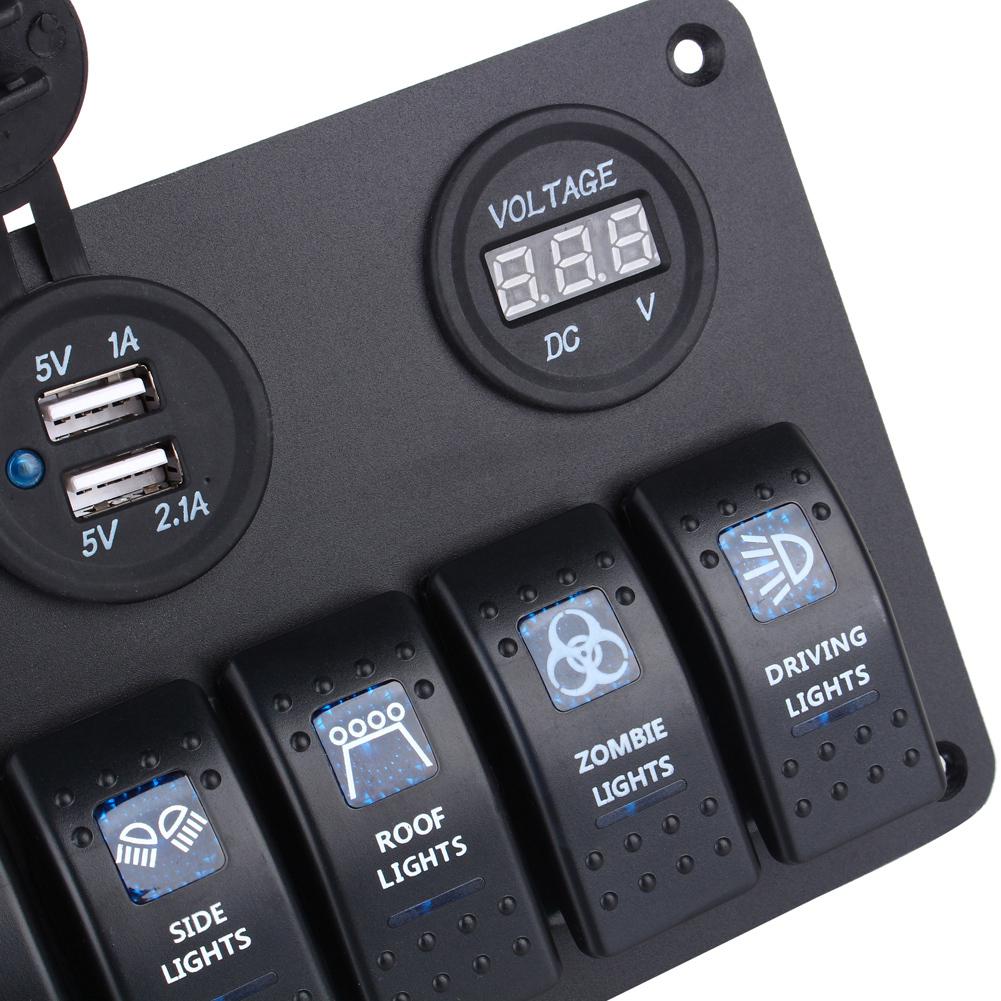6 Way LED Car Boat Rocker Switch Panel   USB Socket   Cigarette Plug   Voltmeter