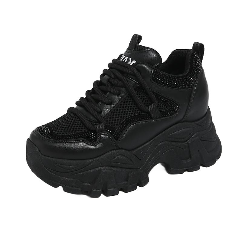 Fashion New Women Leather Platform Sneakers Spring Trainers White Shoes 9CM High Heels Wedge Outdoor Sport Shoes Breathable Casual Shoes