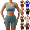 Damen Lässiges Farb-U-Ausschnitt Ärmelloses BH-Top Nahtlose Shorts Gestricktes Sport-Yoga-Fitness Zweiteiliges Set