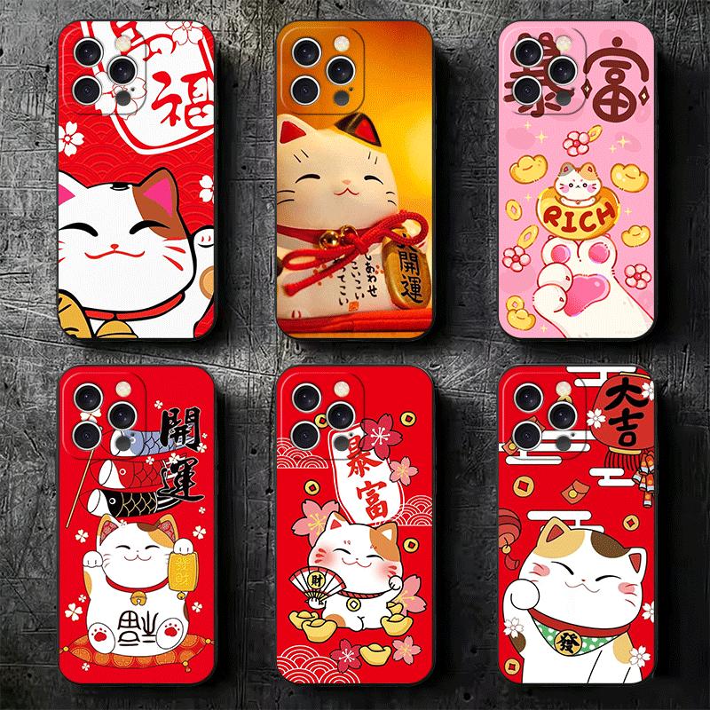 Lucky Cat Maneki Neko Japanese Soft Phone Case for iPhone 16 16E 17 Air 15 Pro Max 14 Plus 13 Mini 11 12 7 Black Cover Back Shel