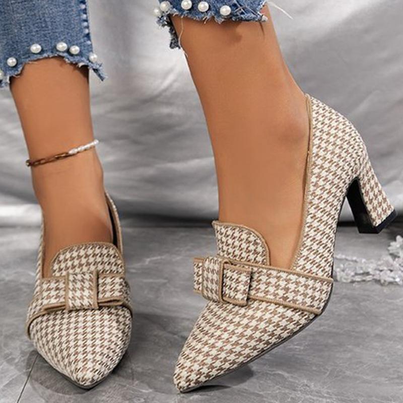 Fashion Spring Autumn Vintage Plaid Pumps Women Plus Size 36-43 Pointed Toe High Heel Shoes Woman Shallow Slip On Pumps with Heels Lady