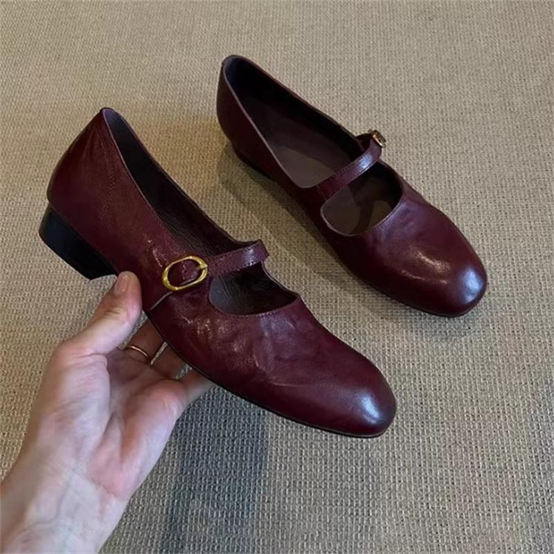 Shallow Mouth Genuine Leather Women's Shoes Flat Mary Jane Shoes Women Retro Simple Low Heel Shoes