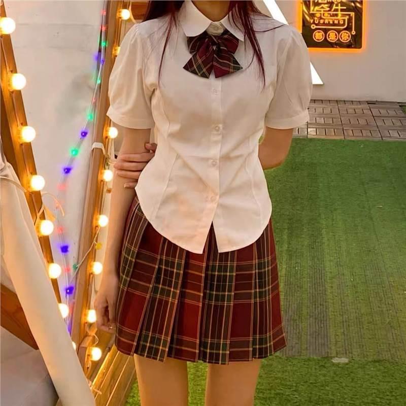 Pure Desire JK Uniform: Women's Slim-Fit Short Sleeve Shirt & Plaid Skirt Two-Piece Set