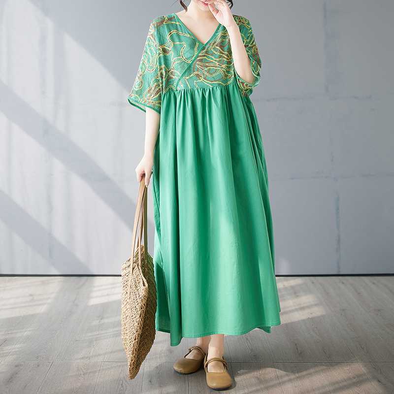 Cotton and Linen Summer Patchwork Retro Style Dress Long Skirt