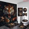 4Pcs Set Tigerthemed Print Shower Curtain Set with Non-Slip Bath Mat, Toilet Lid Cover, Contour Rug & 12 Hooks, Bathroom Decor