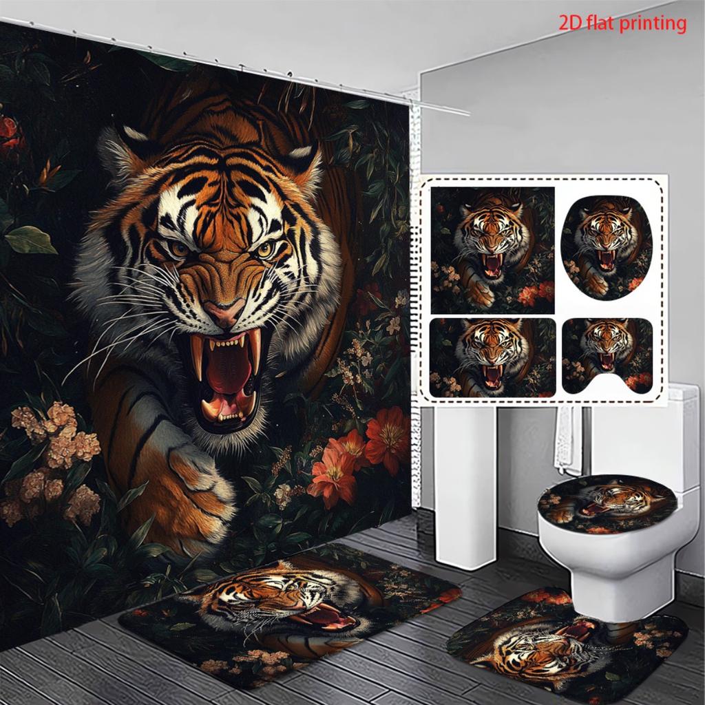 4Pcs Set Tigerthemed Print Shower Curtain Set with Non-Slip Bath Mat, Toilet Lid Cover, Contour Rug & 12 Hooks, Bathroom Decor