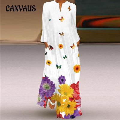 Plus Size Spring and Autumn Women's Printed Long Sleeve Dress V-Neck Long Dresses