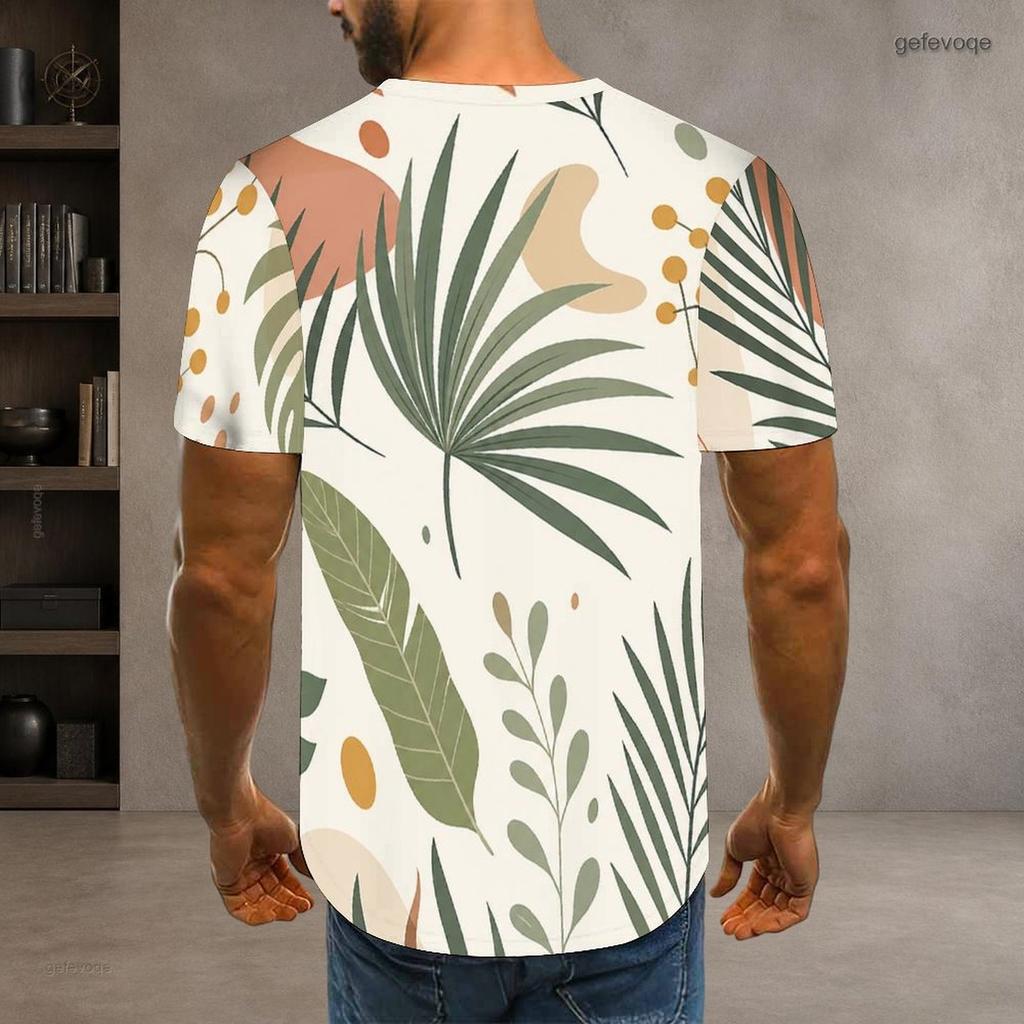 Mens Plus Size Round Neck Short Sleeve T Shirt White Fruit Leaf Printed Casual Tops