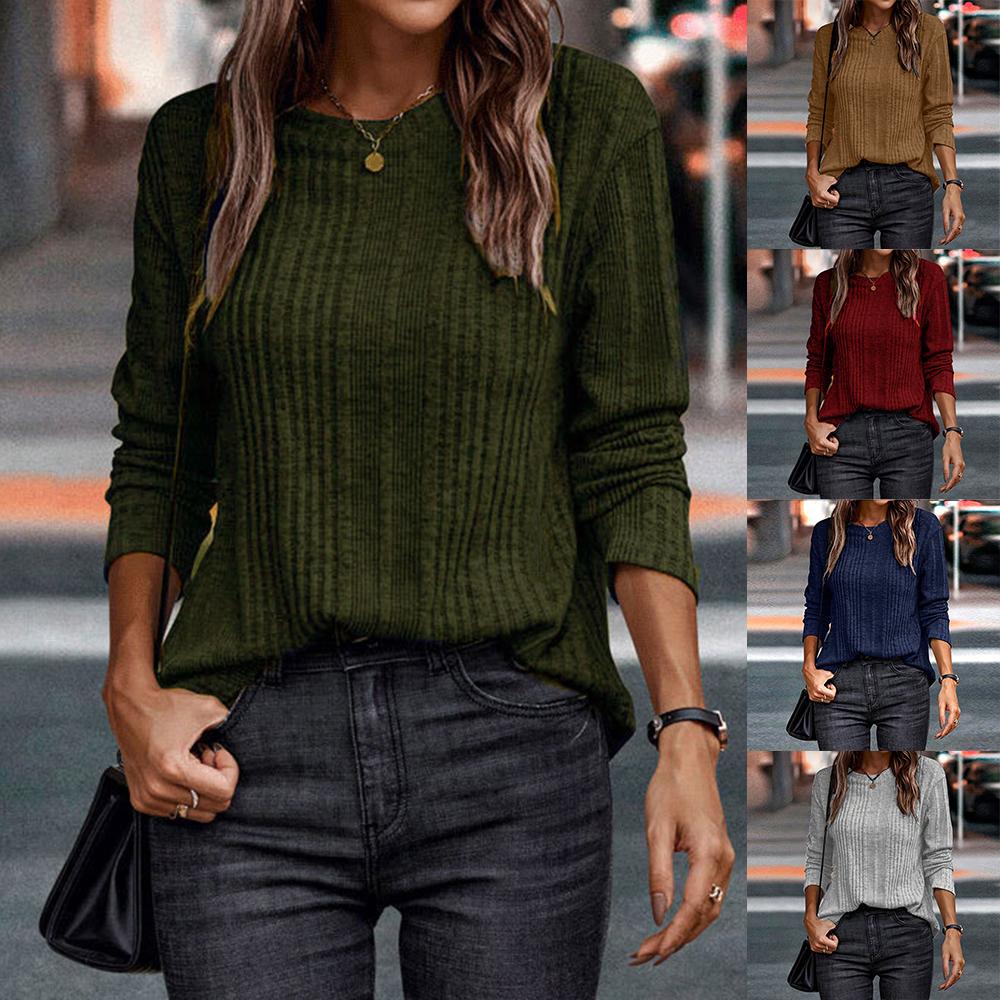 

Женский однотонный вязаный пуловер с длинным рукавом, женская повседневная блузка с круглым вырезом, футболка