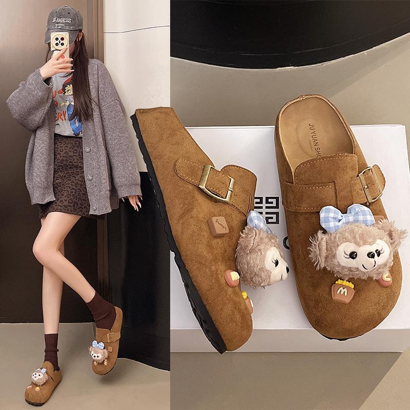 2025 Red Half Shoes New Casual Half Drag Boken Explosion Cartoon Spring Women's Net Boken Sherry Rose Belt Buckle