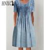 HNXC 30 Color Pleated Midi Dress Short Sleeve Round Neck Loose Hem Mid-Calf Length Women Floral A-Line Party Dress Casual Wear